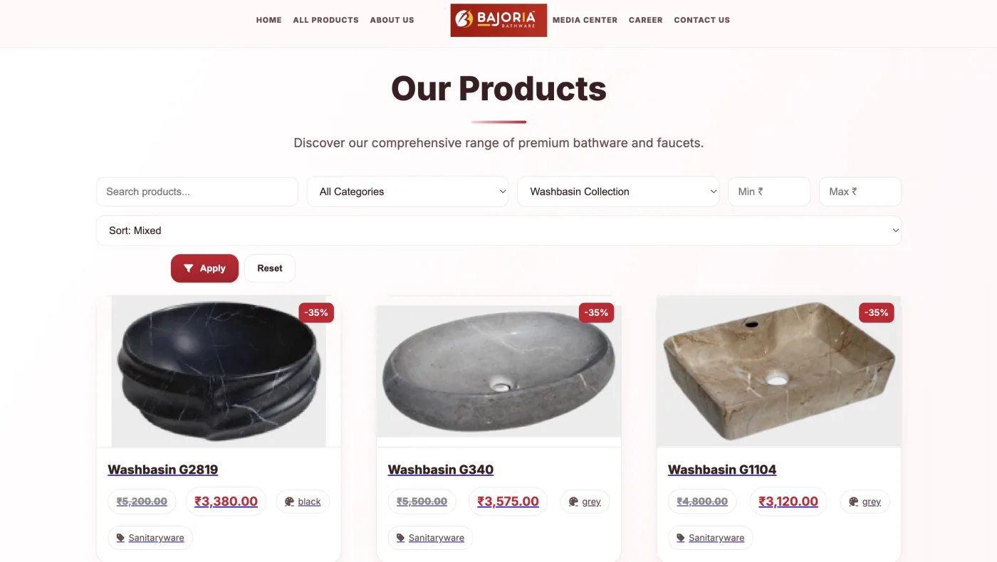 Product catalogue with category, price and colour filters