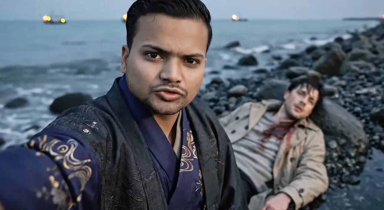 Presenter on a rocky shore beside an injured man
