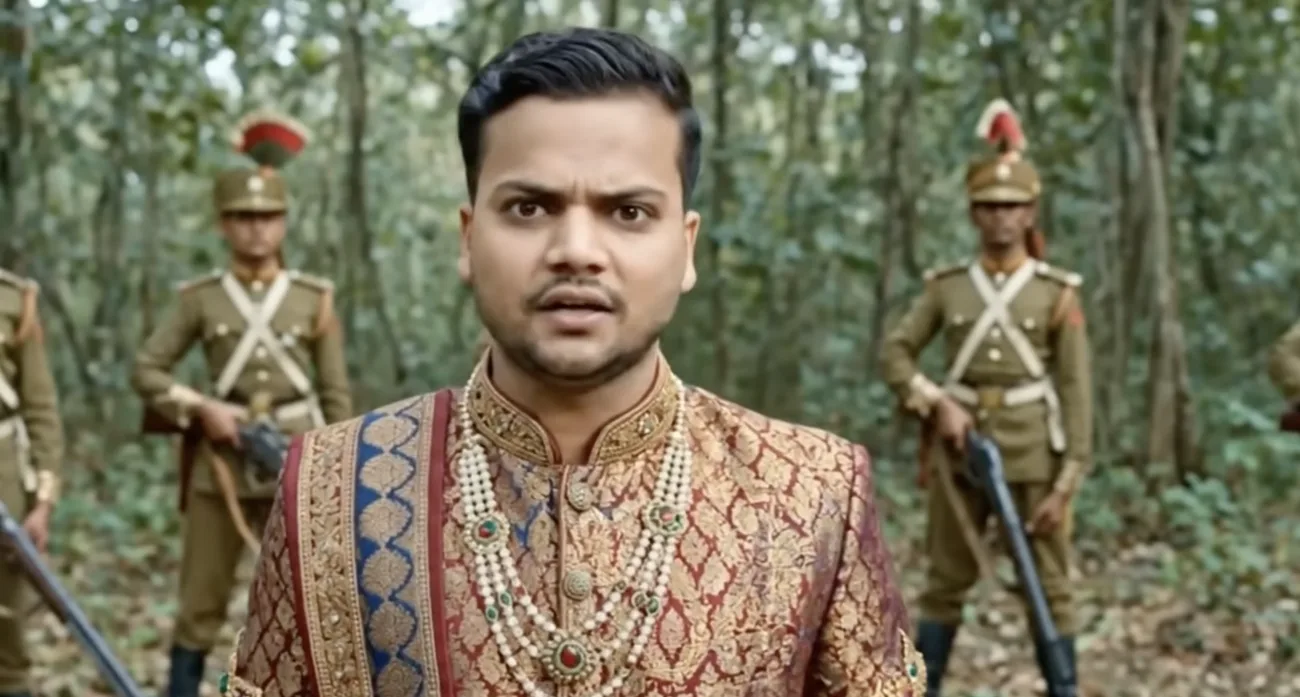Presenter dressed as the Maharaja with guards