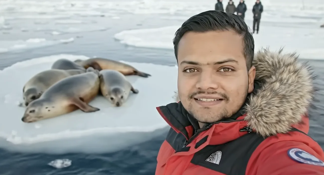 Seals on an ice floe beside the presenter