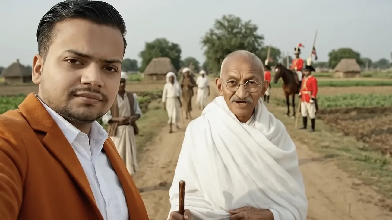 Presenter walking with Gandhi in a 1917 village